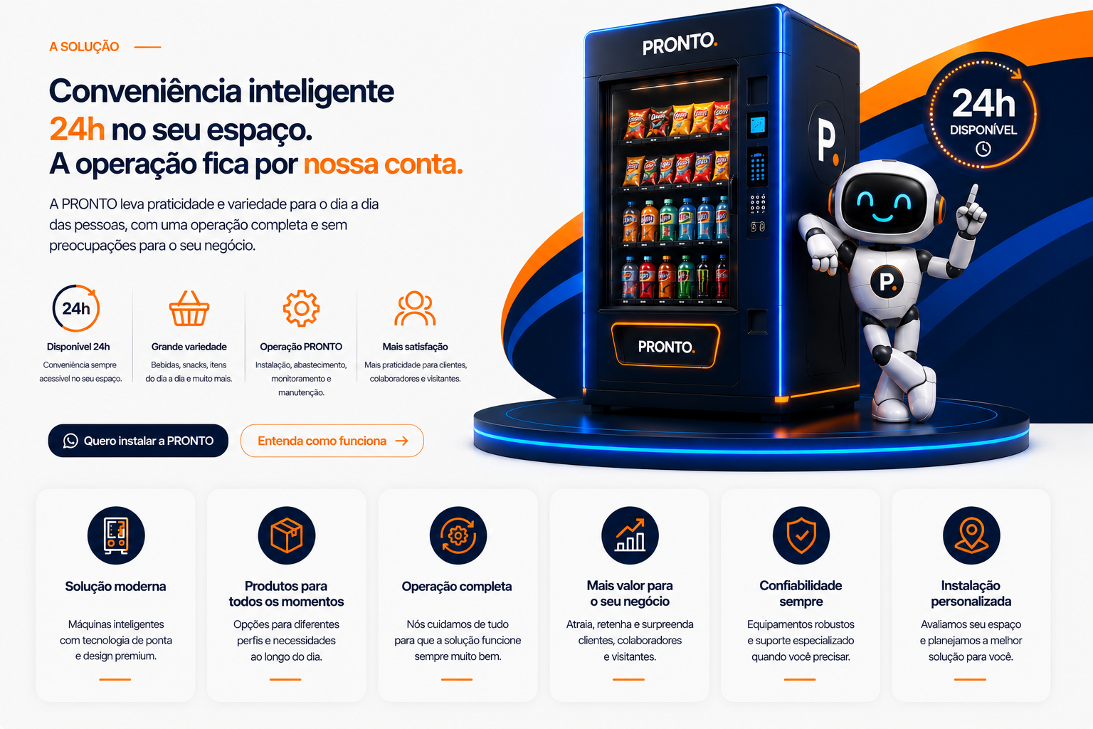 A Solução PRONTO: conveniência inteligente 24 horas, máquina, mascote e seis benefícios.