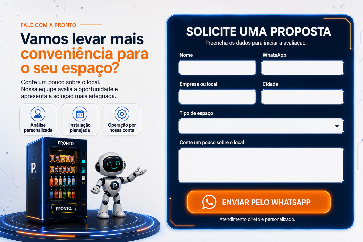 Formulário de contato PRONTO com máquina, mascote e solicitação de proposta pelo WhatsApp.